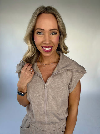 Casual Staple Zip Romper - Taupe