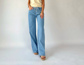 Madison Striped Mid Rise Wide Leg Jeans