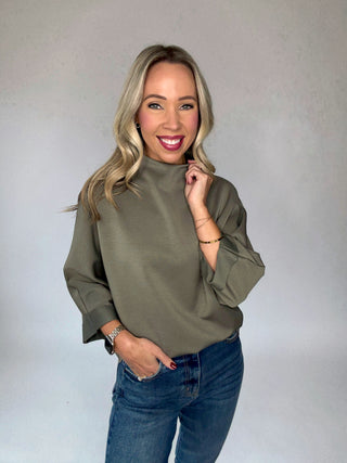 Silken Grace 3/4 Sleeve Top - Olive