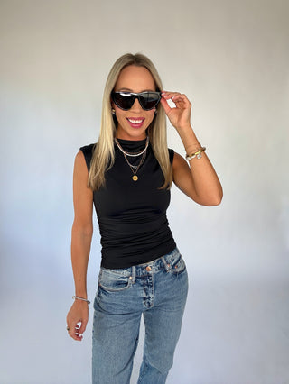 Second Skin Ruched Mock Neck Top - Black