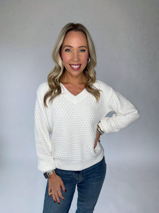 Café Comfort V-Neck Sweater - White