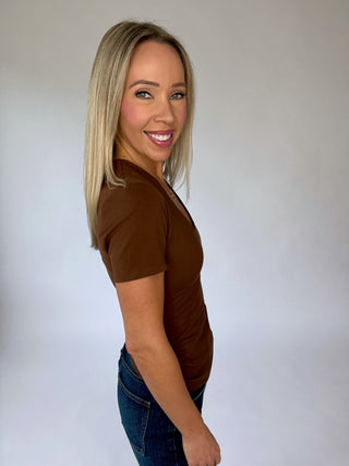 Smooth Strides V-Neck Short Sleeve Top - Mahogany