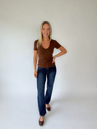 Smooth Strides V-Neck Short Sleeve Top - Mahogany