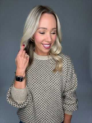 Girls' Weekend Sweater Front Smiling Looking Down Image