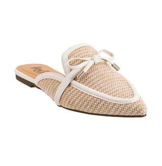 Beige woven slipper with white strap on a white background