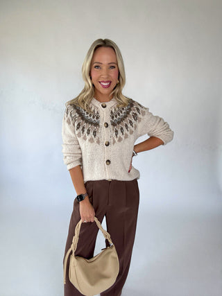 Power Moves Pants Brown Front Mid Length with Cardigan Image