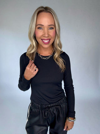 Second Skin Ribbed Long Sleeve Top Black Front Smiling Image