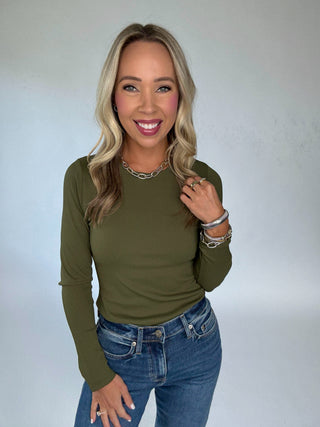 Second Skin Ribbed Long Sleeve Top in Olive