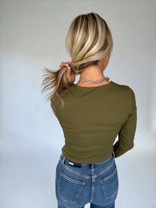 Second Skin Ribbed Long Sleeve Top in Olive Back Image