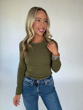 Second Skin Ribbed Long Sleeve Top in Olive Looking Away Image