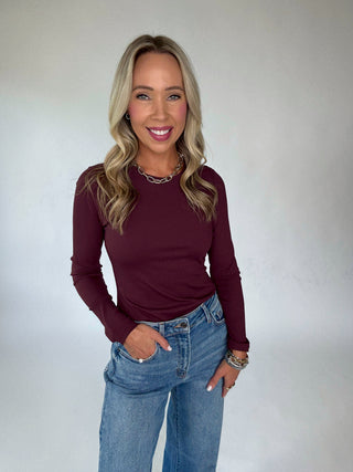 Second Skin Ribbed Long Sleeve Top in Prune