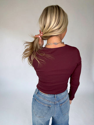Second Skin Ribbed Long Sleeve Top in Prune Back Hair Up Image