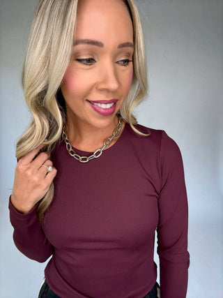 Second Skin Ribbed Long Sleeve Top in Prune Front Close Up Image