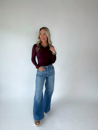 Second Skin Ribbed Long Sleeve Top in Prune Front Image