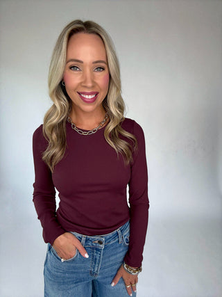 Second Skin Ribbed Long Sleeve Top in Prune Front Smiling Image