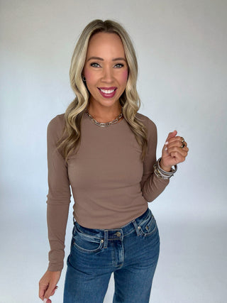Second Skin Ribbed Long Sleeve Top in Taupe