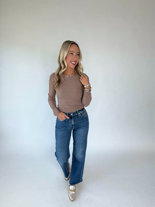 Second Skin Ribbed Long Sleeve Top in Taupe Front Full Length Image