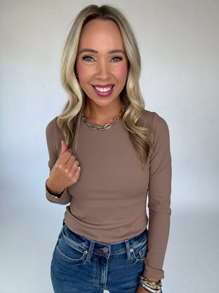 Second Skin Ribbed Long Sleeve Top in Taupe Front Smiling Image