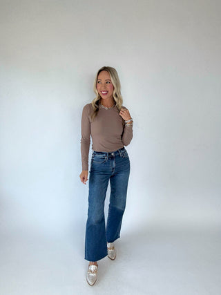 Second Skin Ribbed Long Sleeve Top in Taupe Full Length Image