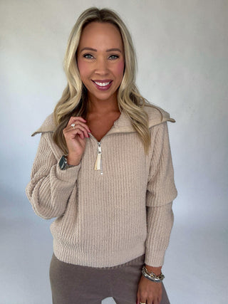 The Plush Retreat Half-Zip Sweater Front Smiling Image