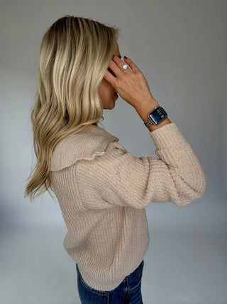 The Plush Retreat Half-Zip Sweater Side Hand Up Image