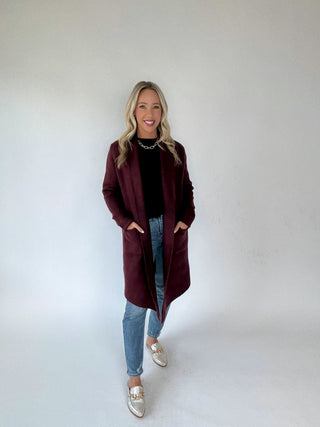 The Stockport Jacket in Aubergine Front Full Length Smiling Image