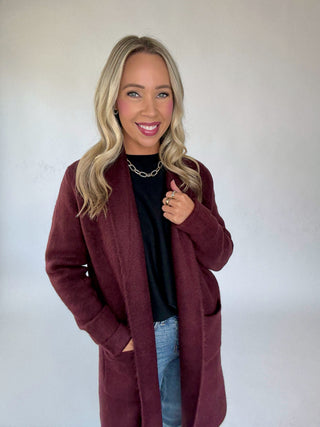 The Stockport Jacket in Aubergine Front Smiling Image