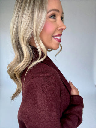 The Stockport Jacket in Aubergine Side Close Up Smiling Image