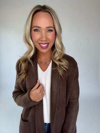 The Stockport Jacket in Dark Brown Front Close Up Smiling Image