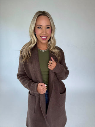 The Stockport Jacket in Dark Brown Mid Length Smiling Image