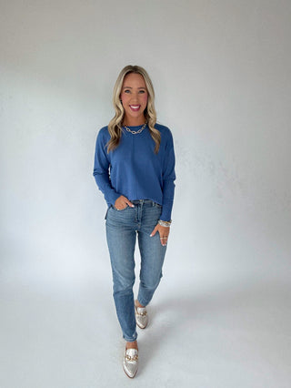 The Whitmore Sweater in French Blue Front Full length Image