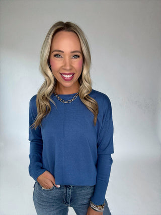 The Whitmore Sweater in French Blue Front Mid Length Image