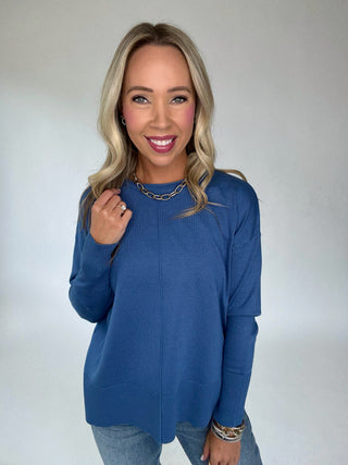 The Whitmore Sweater in French Blue Front Smiling Image