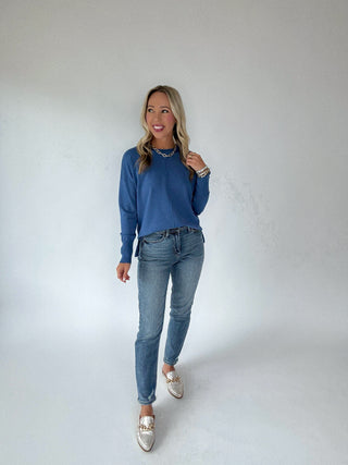 The Whitmore Sweater in French Blue Full Length Image