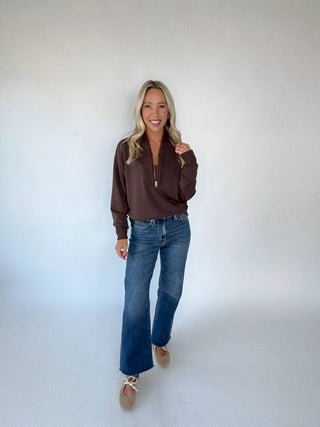 VARLEY Sally Half Zip Sweat Coffee Bean Marl Front Smiling Image