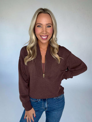 VARLEY Sally Half Zip Sweat Coffee Bean Marl Full Length Front Hand on Hip Image