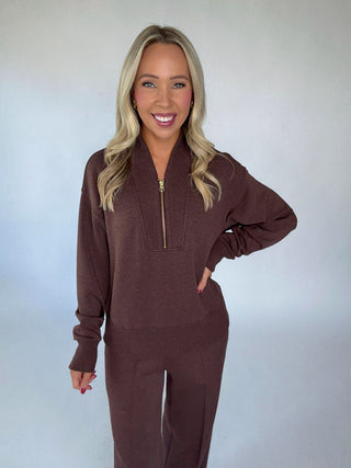 VARLEY Sally Half Zip Sweat Coffee Bean Marl Full Length Hand on Hip Image